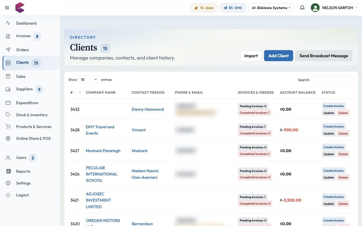 BlueQ client directory with balances