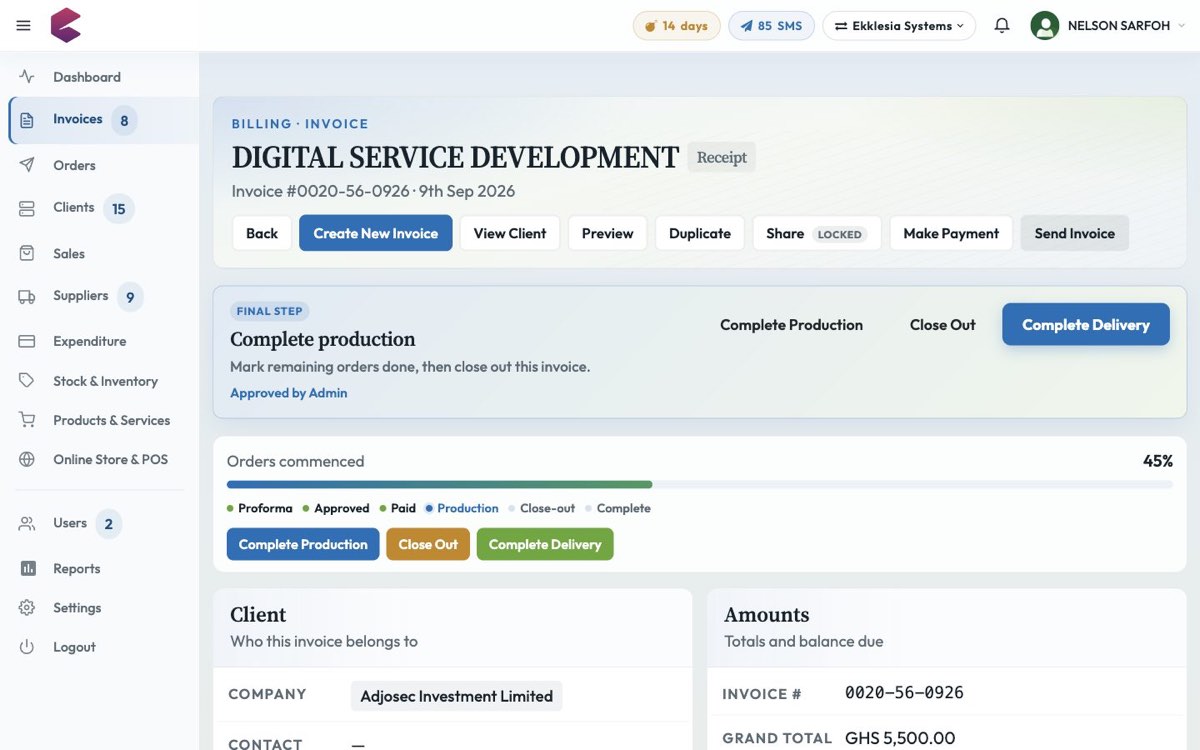 BlueQ invoice activity timeline with workflow stages