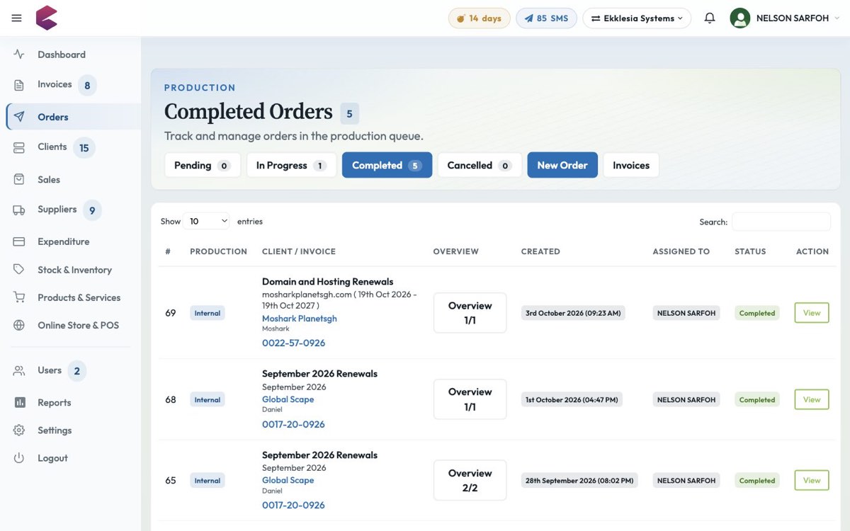 BlueQ order queue with production progress